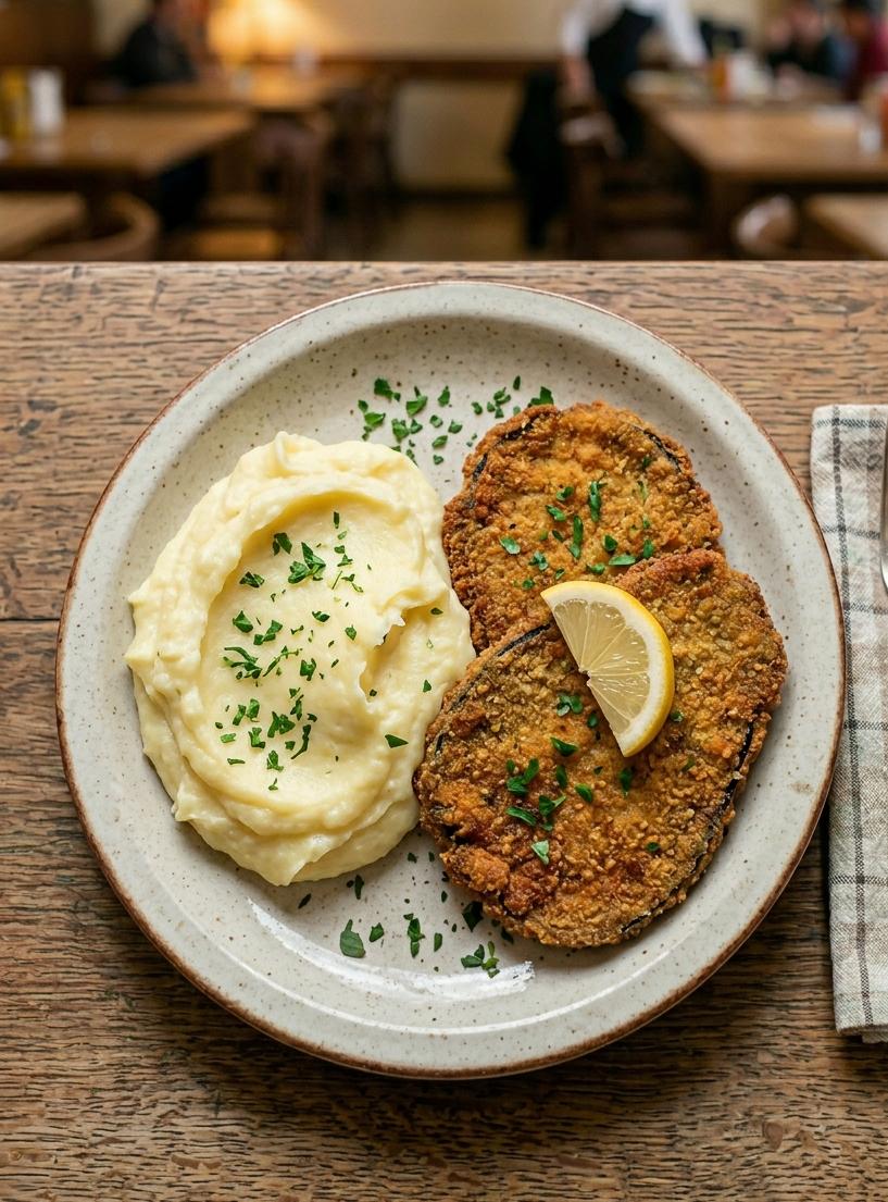 Milanesa de berenjena con puré