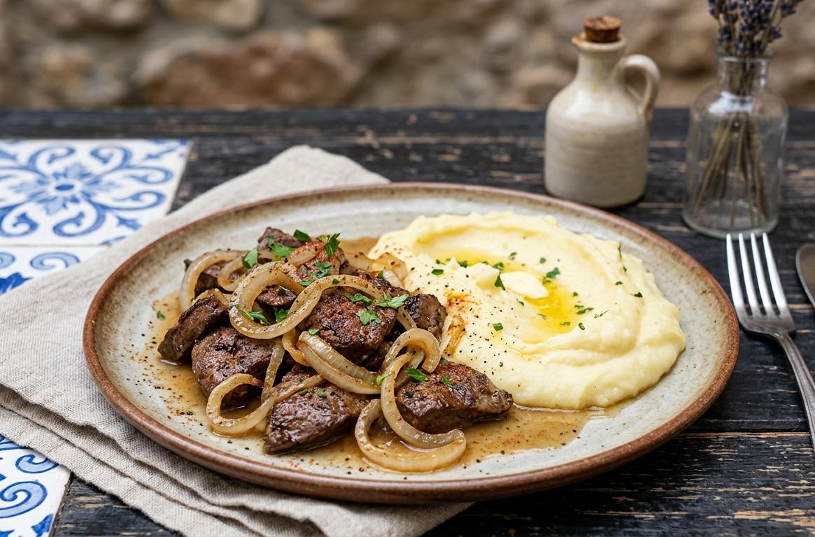Hígado encebollado con puré de papas